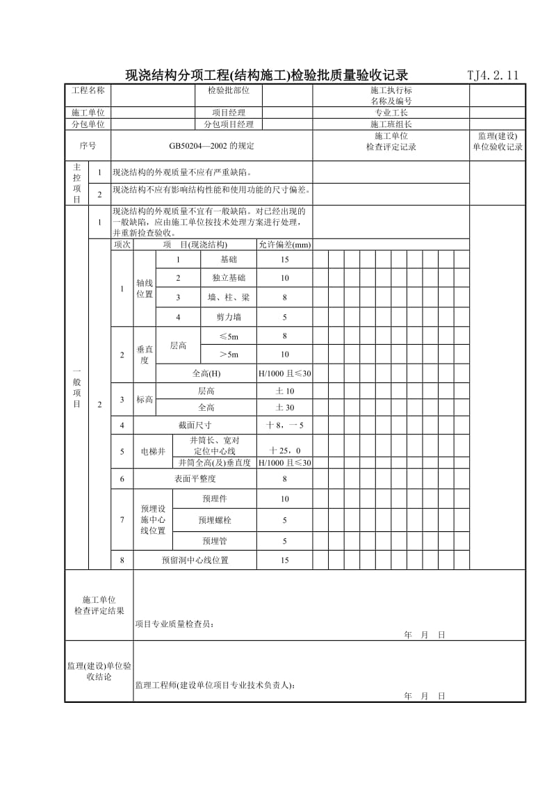 125 现浇结构分项工程(结构施工)检验批质量验收记录TJ4-2-11.doc_第1页