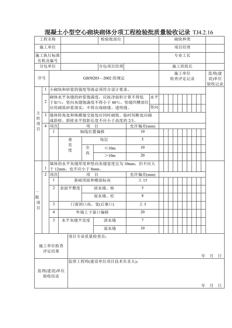 130 混凝土小型空心砌块砌体分项工程检验批质量验收记录TJ4-2-16.doc_第1页