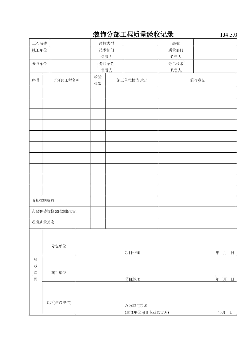 139 装饰分部工程质量验收记录 TJ4-3-0.doc_第1页