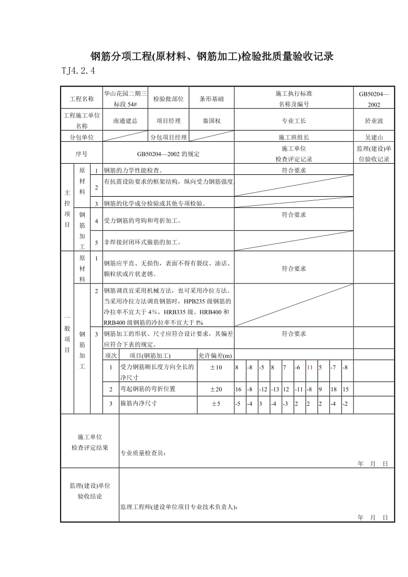 093 钢筋分项工程(原材料、钢筋加工)检验批质量验收记录 TJ4-2-04.doc_第1页