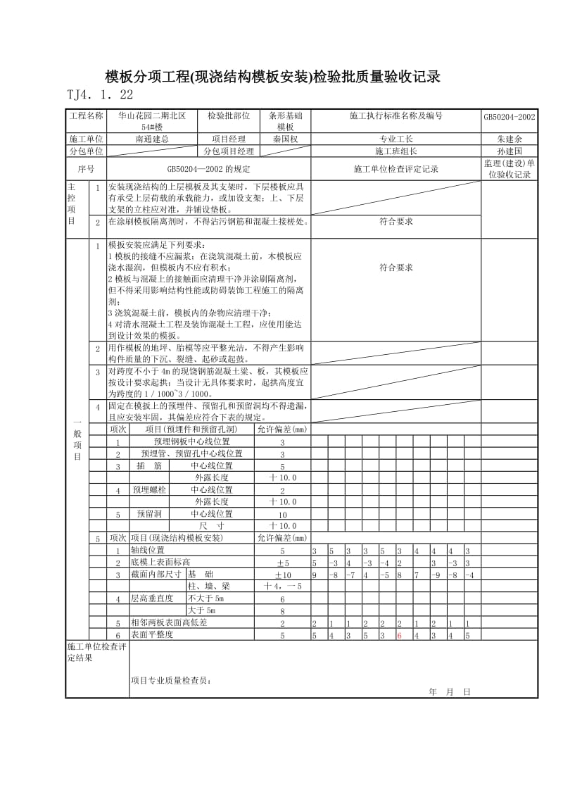 066 模板分项工程(现浇结构模板安装)检验批质量验收记录.doc_第1页