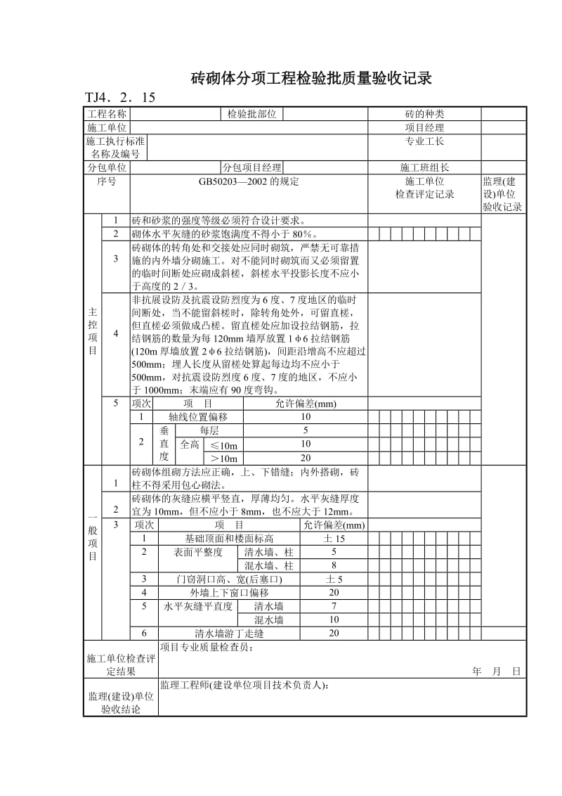 129 砖砌体分项工程检验批质量验收记录TJ4-2-15.doc_第1页