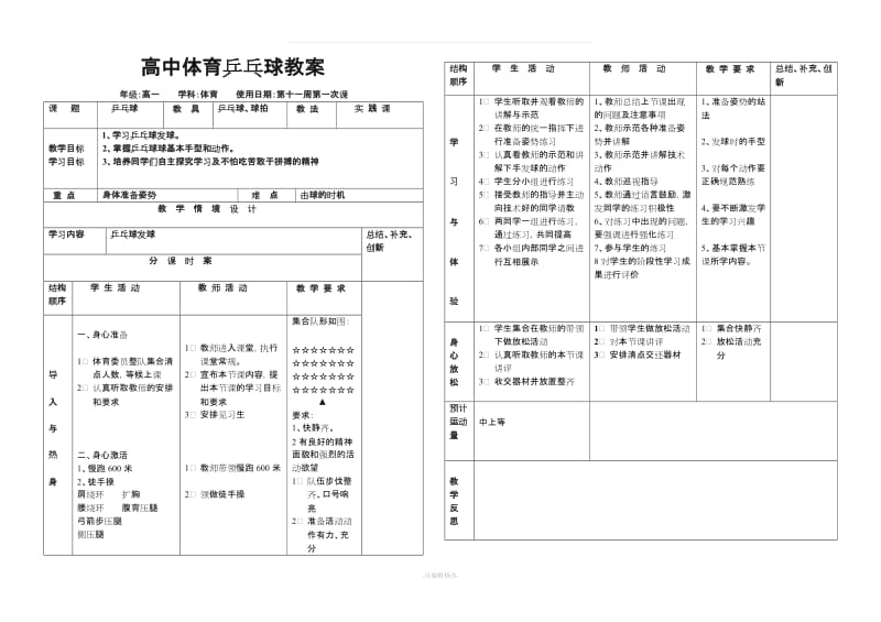 高中体育乒乓球教案合集精品.doc_第1页