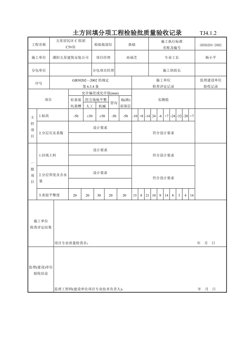 045 土方回填分项工程检验批质量验收记录 Tj4-1-02.doc_第1页