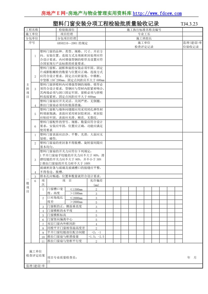 162 塑料门窗安装分项工程检验批质量验收记录TJ4-3-23.doc_第1页