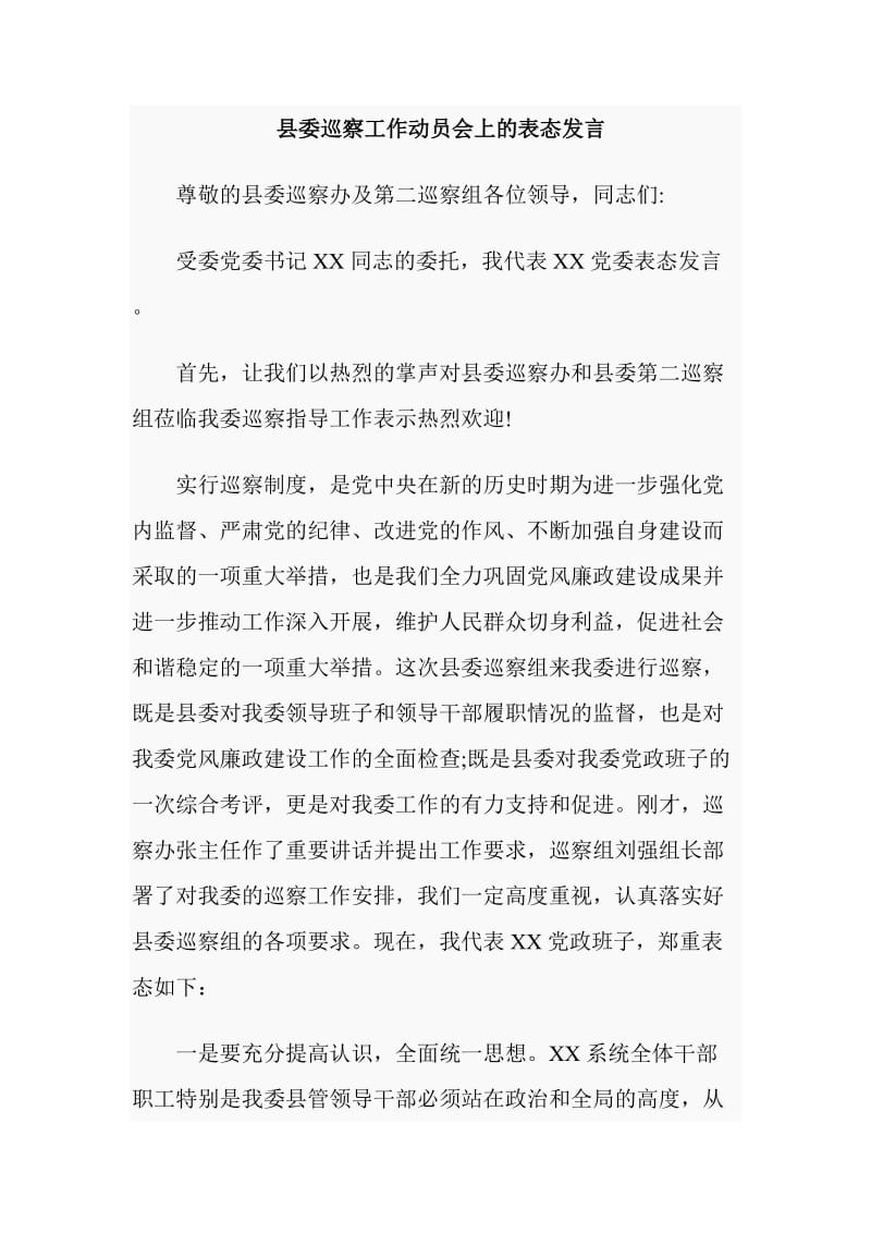 县委巡察工作动员会上的表态发言_第1页