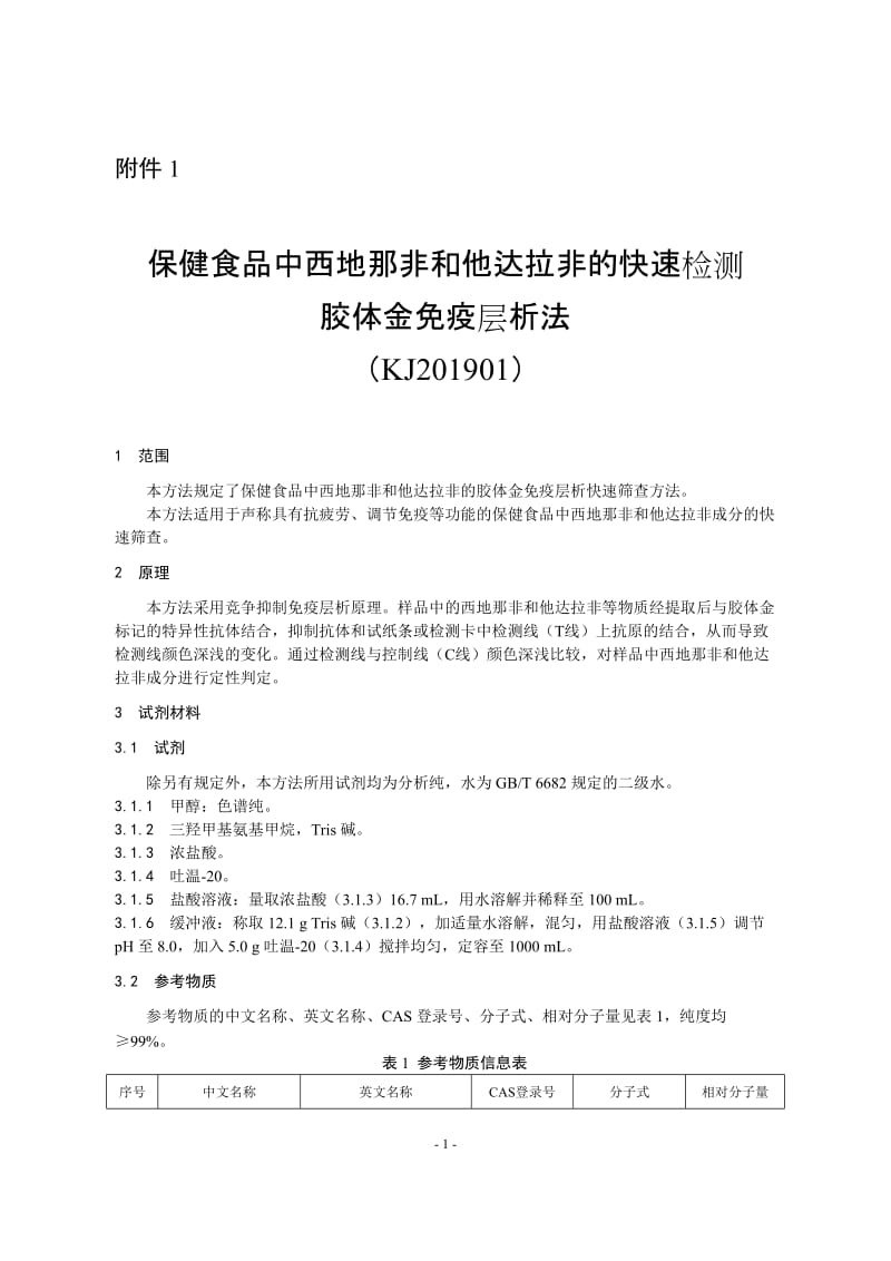 KJ 201901 保健食品中西地那非和他达拉非的快速检测 胶体金免疫层析法_第1页