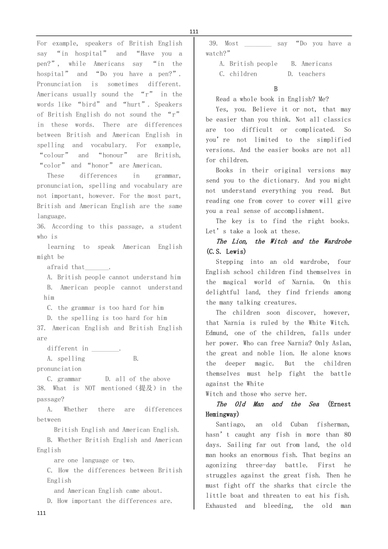 高中英语《MODULE1 British and American English》单元练测题（一）外研版必修5_第3页
