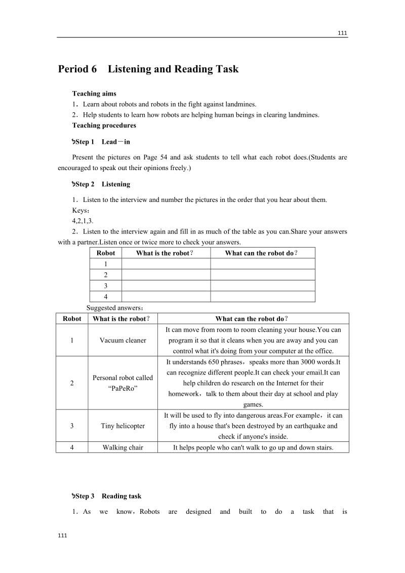 高中英语Unit2《Robots》Period 6 Listening and Reading Task 优秀教案（人教版选修7）_第1页