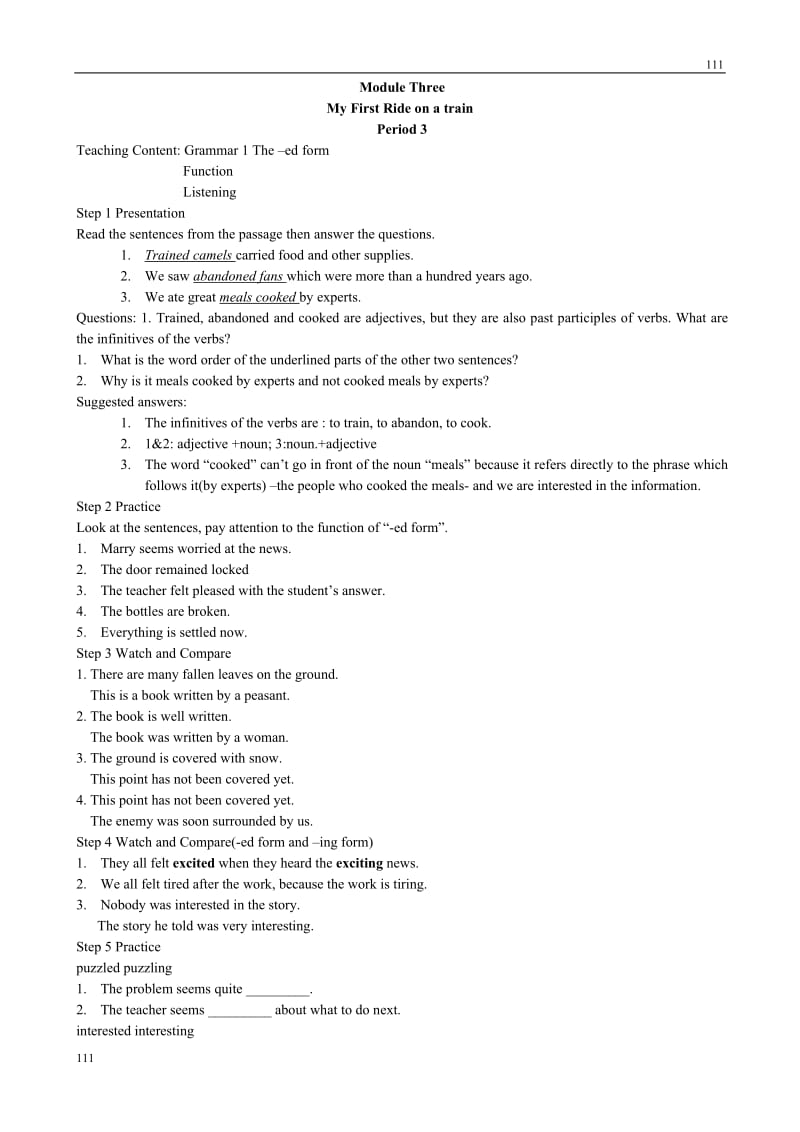 Module 3《My First Ride on a Train》Grammar教案4（外研版必修1）_第1页