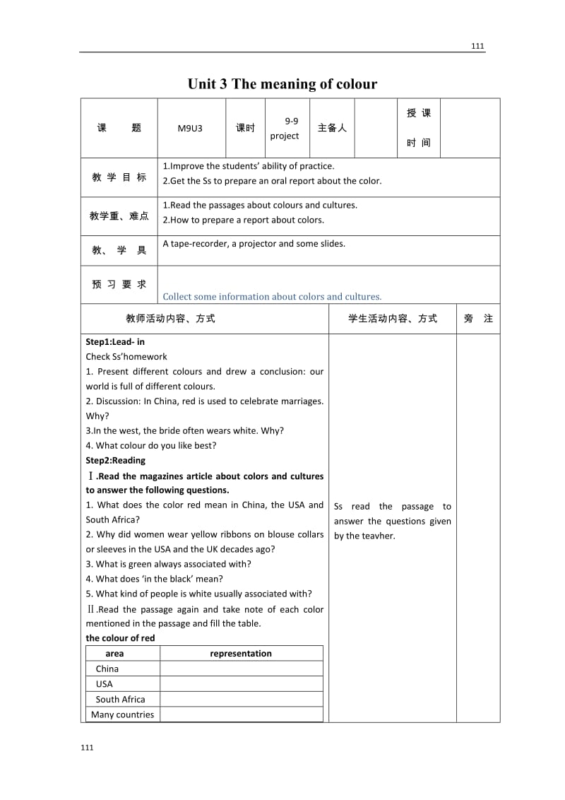 Unit 3《The meaning of colour》-Project教案1（牛津译林版选修9）_第1页