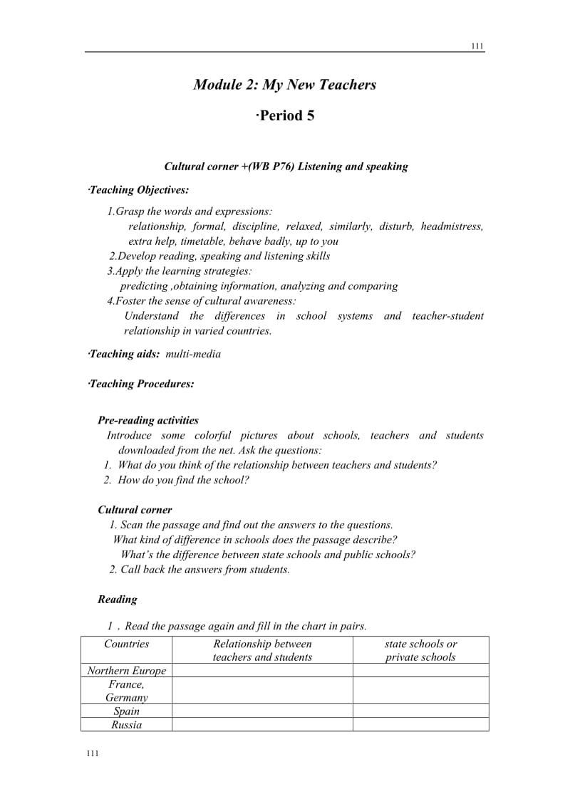 Module 2《My New Teachers》introduction,reading and voca教案4（外研版必修1）_第1页