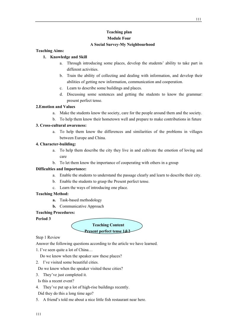 Module 4《A Social Survey—My Neighbourhood》Listening,Spenking and Writin教案3（外研版必修1）_第1页