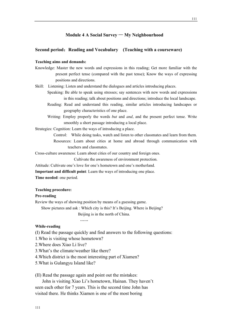 Module 4《A Social Survey—My Neighbourhood》introduction,reading and voca教案7（外研版必修1）_第1页