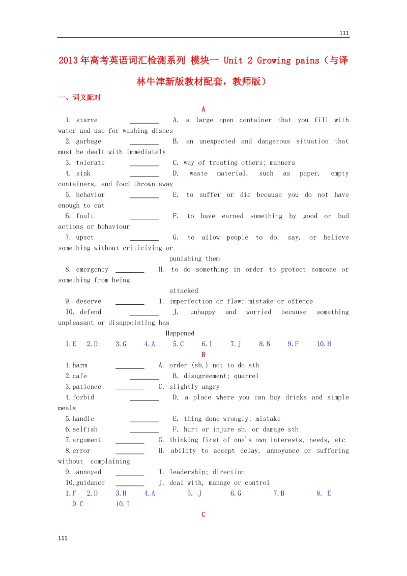 高考英语配套词汇检测训练：模块一《Unit 2 Growing pains》（教师版） 牛津译林版_第1页