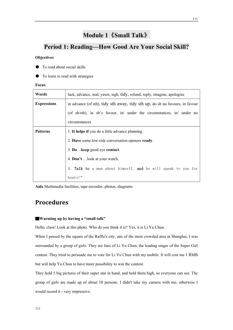 Module 1《Small Talk》Reading教案3（外研版选修6）_第1页