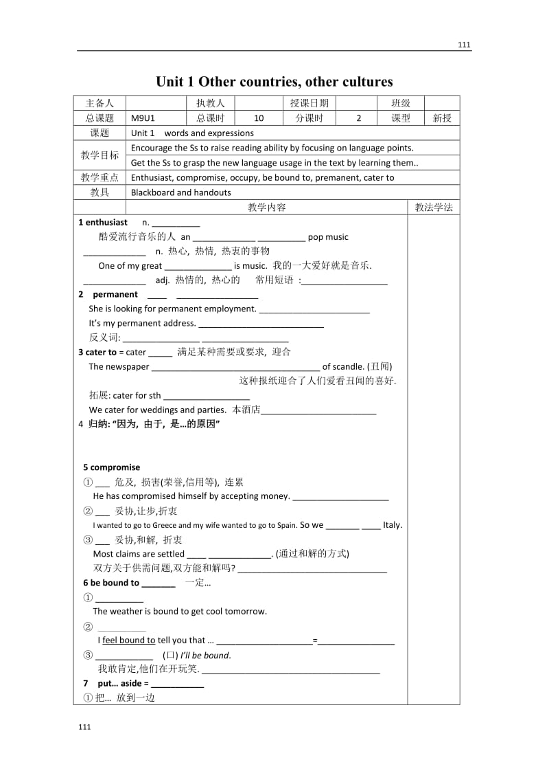 Unit 1《Other countries, other cultures》-words and expressions教案2（牛津译林版选修9）_第1页