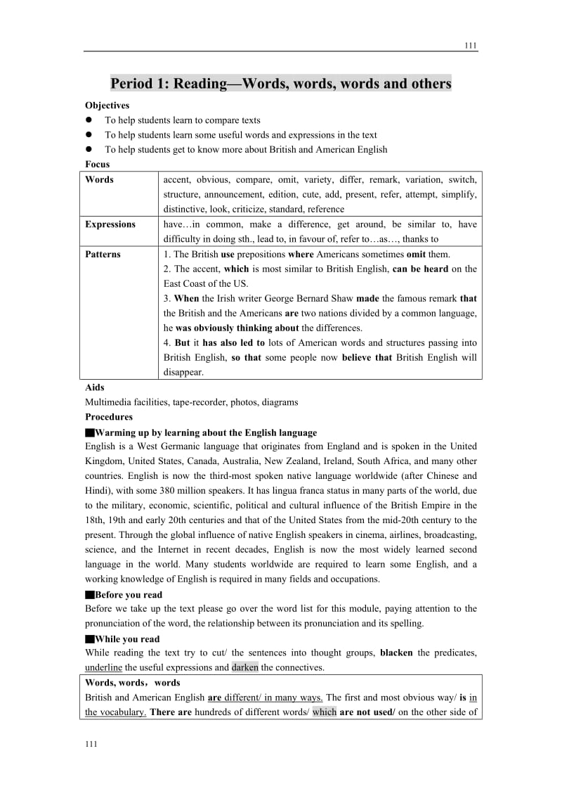 Module 1《British and American English》introduction,reading and voca教案3（外研版必修5）_第1页