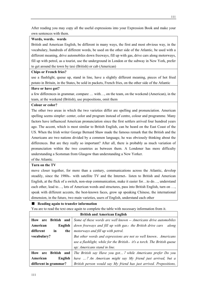 Module 1《British and American English》introduction,reading and voca教案3（外研版必修5）_第3页