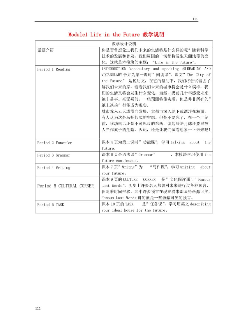 高二英语备课《Module1 Life in the Future》教学说明 外研版必修4_第1页