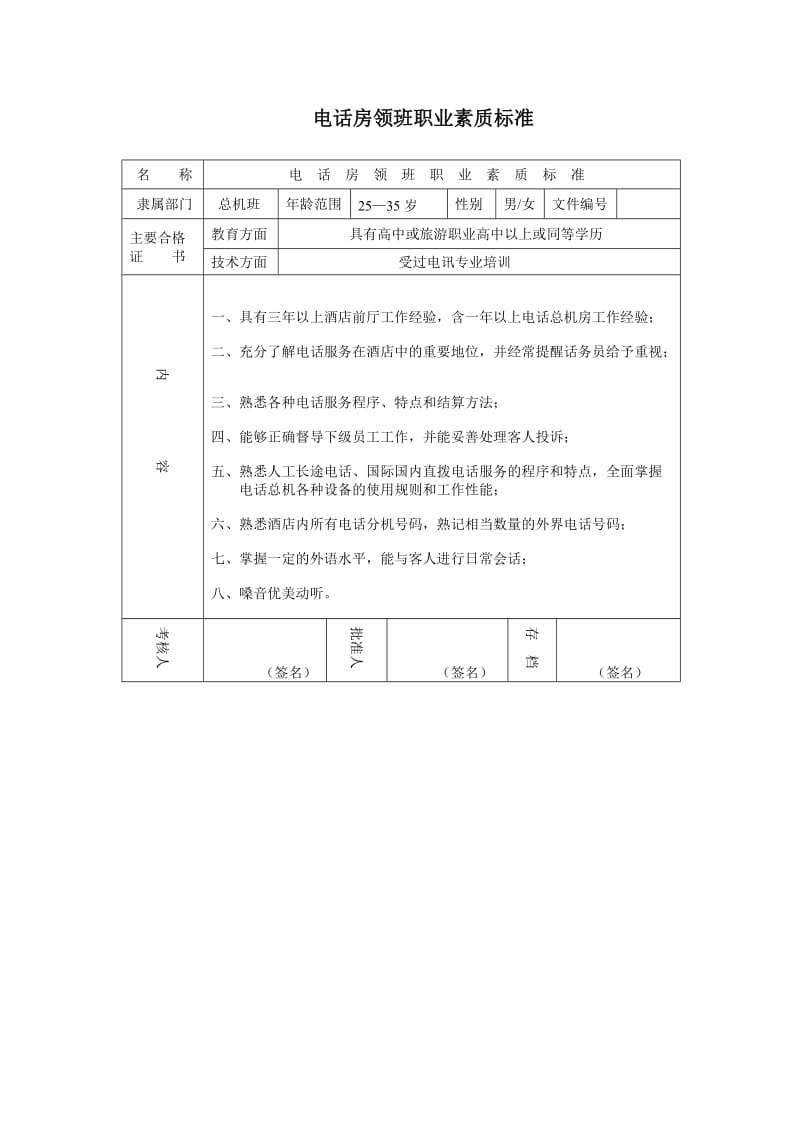 酒店电话房领班职业素质标准_第1页