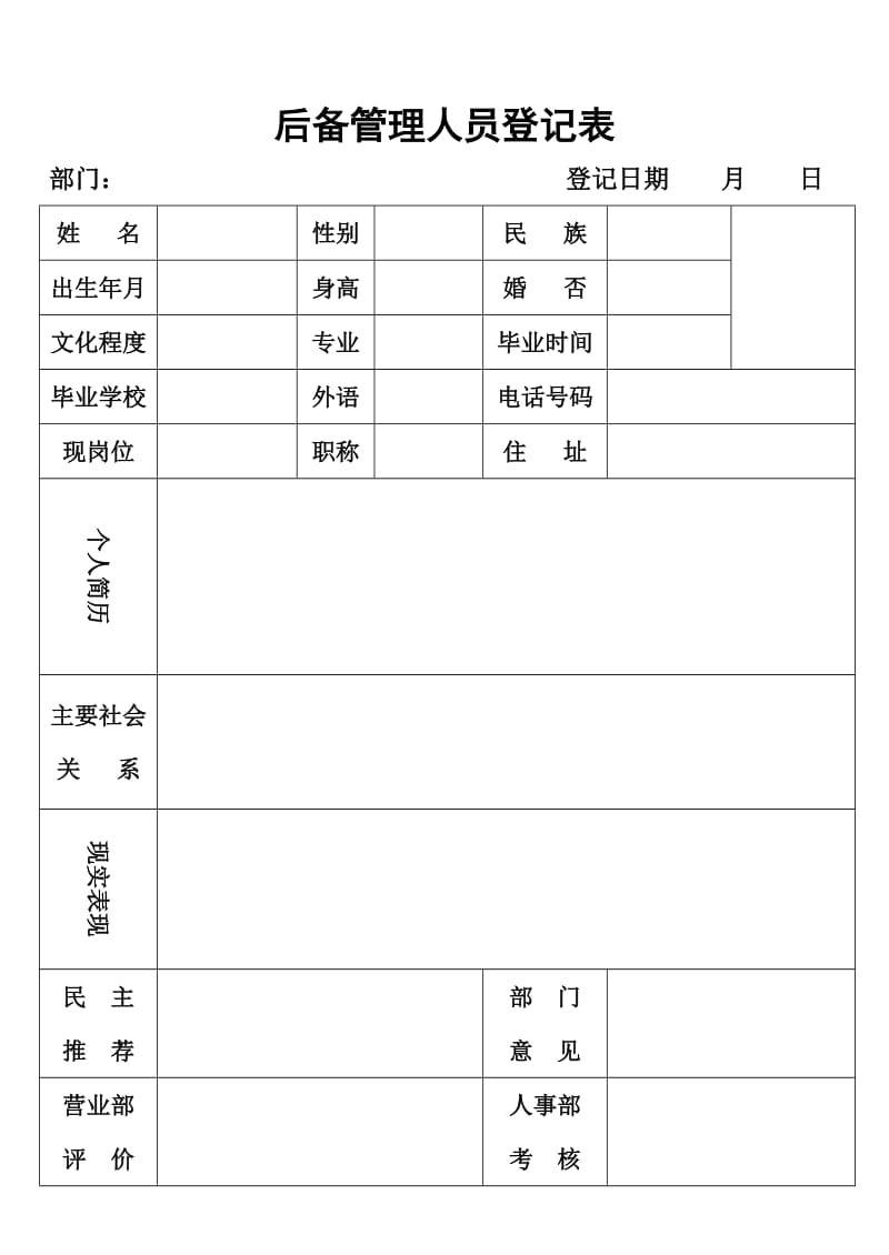 酒店 J--016后备管理人员登记表_第1页