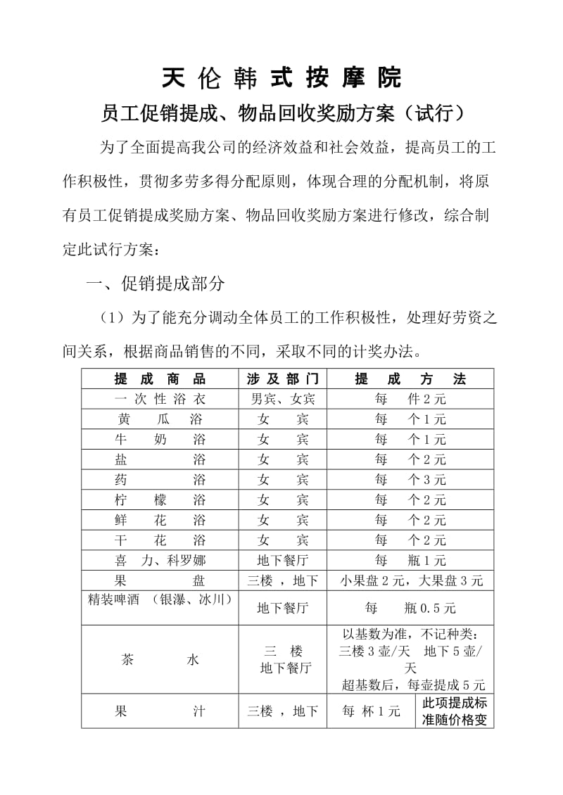 酒店 促销提成、物品回收奖励方案_第1页