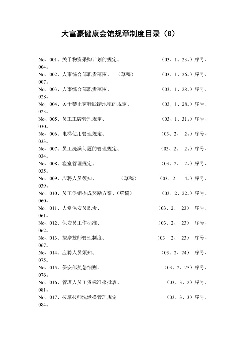 酒店 大富豪健康会馆规章制度目录（G）_第1页