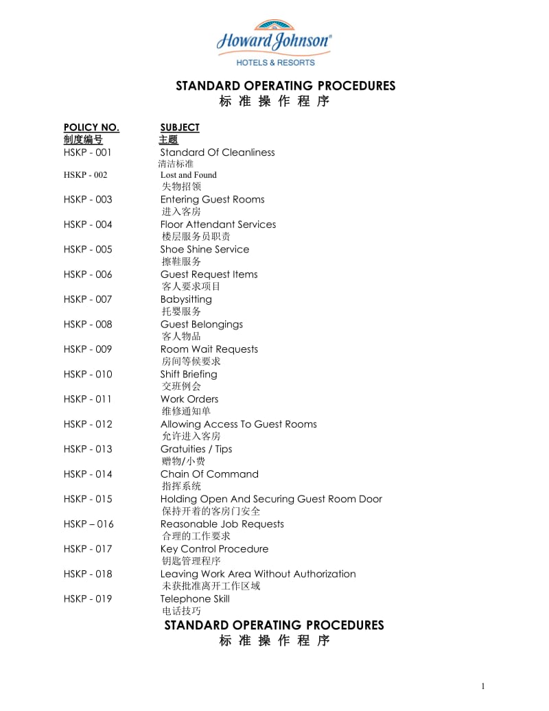 酒店 豪生标准操作程序_第1页