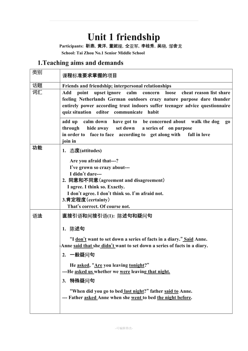 人教版高一英语必修一Unit1 friendship全单元教案.doc_第1页