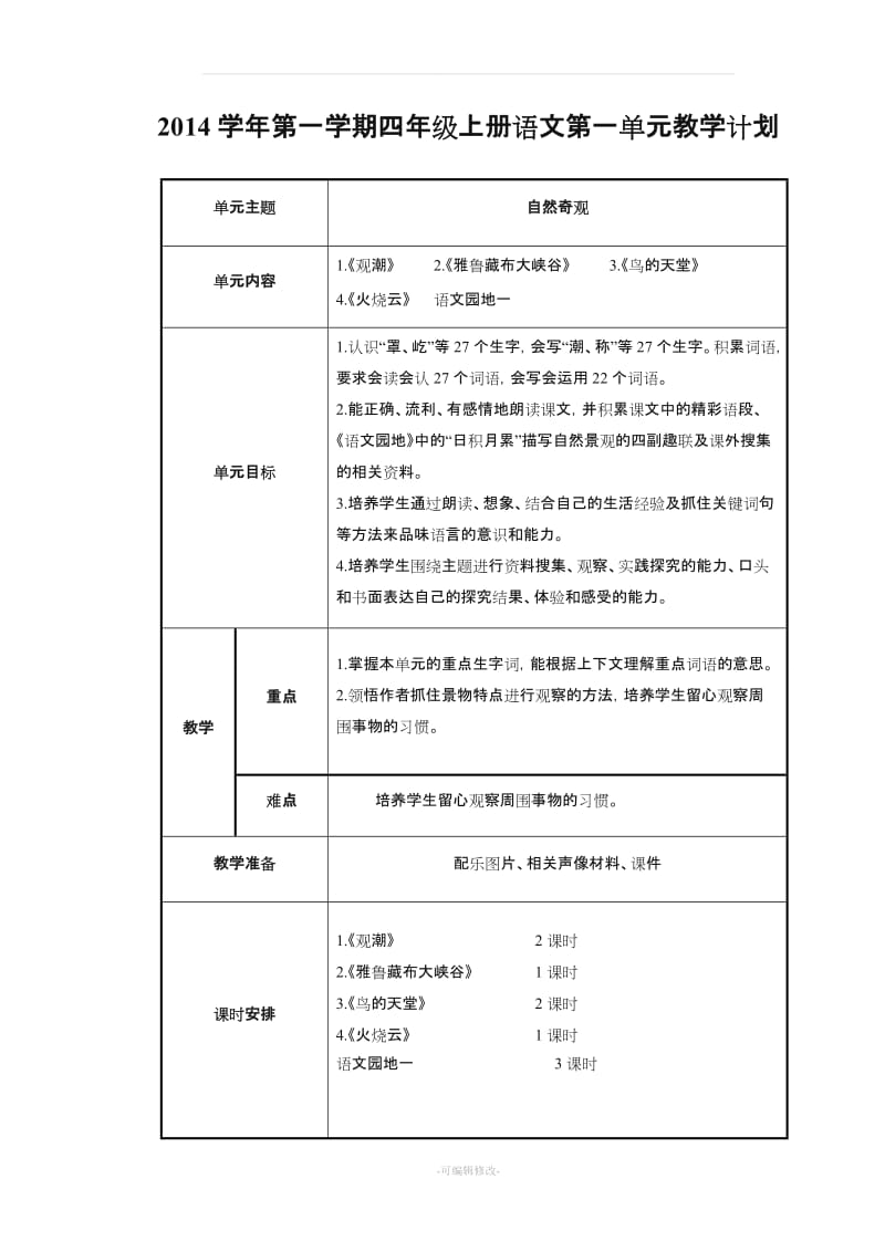 人教版语文四年级上册单元教学计划.doc_第1页