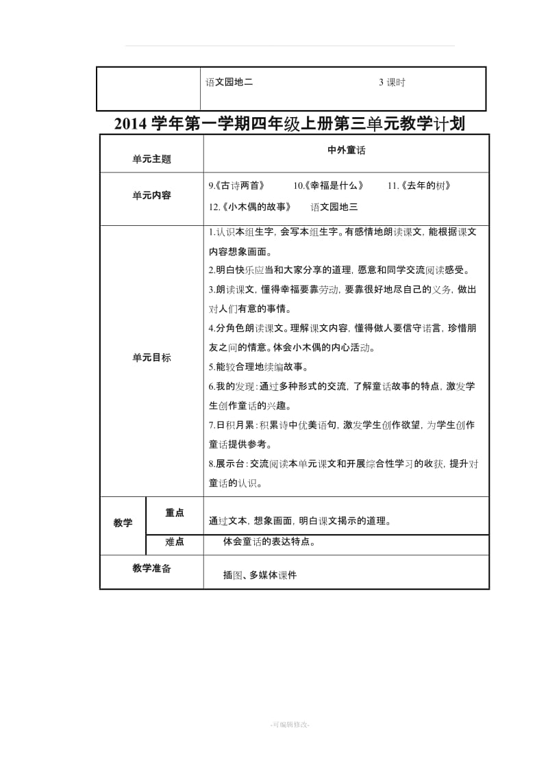 人教版语文四年级上册单元教学计划.doc_第3页