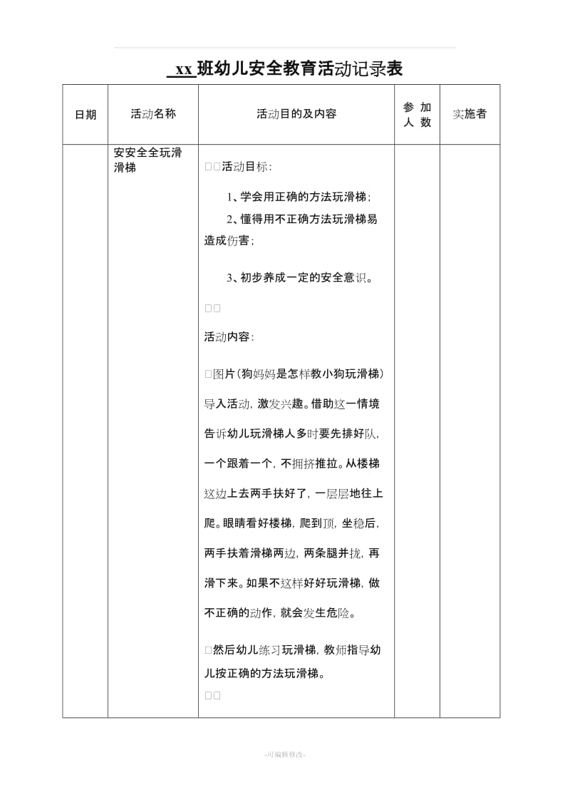 小班幼儿安全教育活动记录文本表.doc_第1页