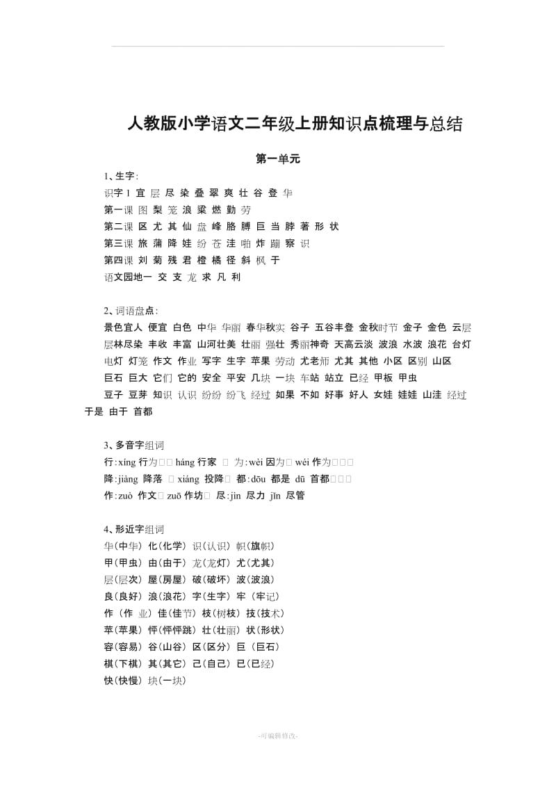 人教版小学语文二年级上册知识点梳理与总结.doc_第1页