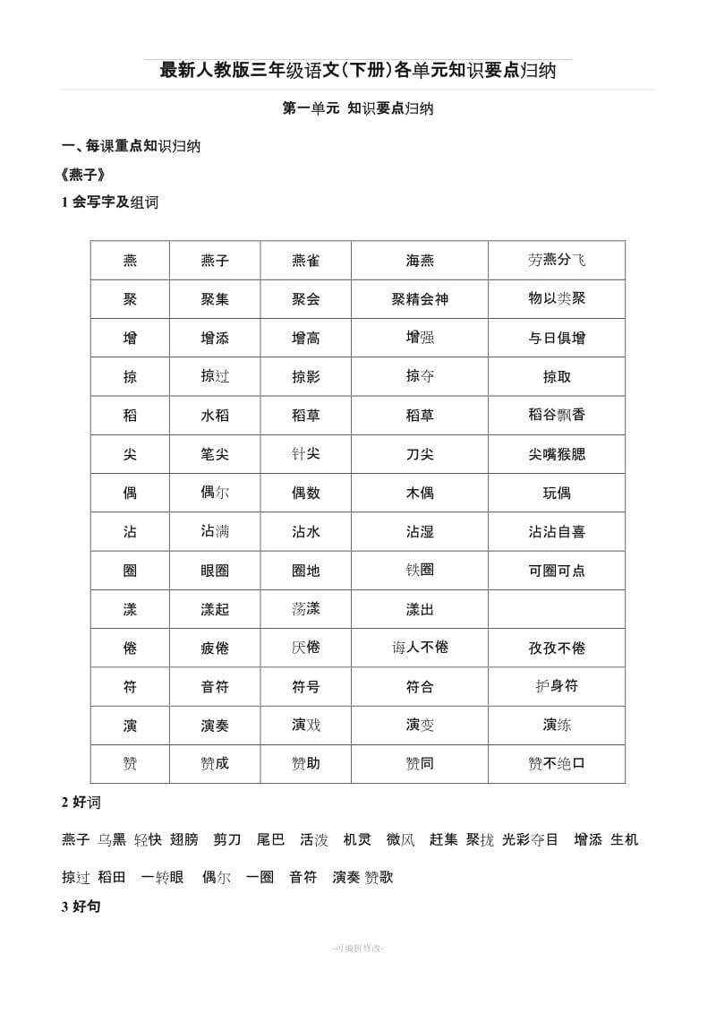 人教版三年级语文(下册)各单元知识要点归纳.doc_第1页