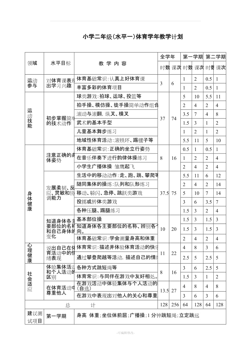 小学体育水平一学年教学计划.doc_第1页