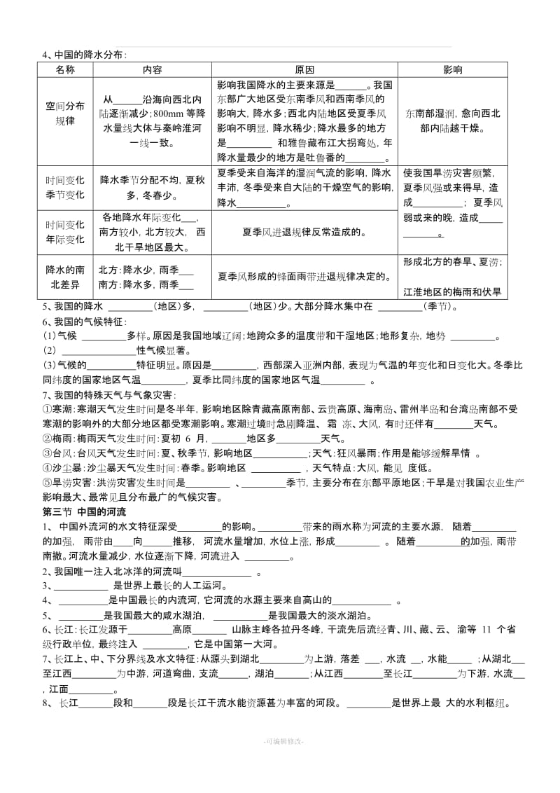 八年级上册湘教版地理全册复习提纲(填空).doc_第3页