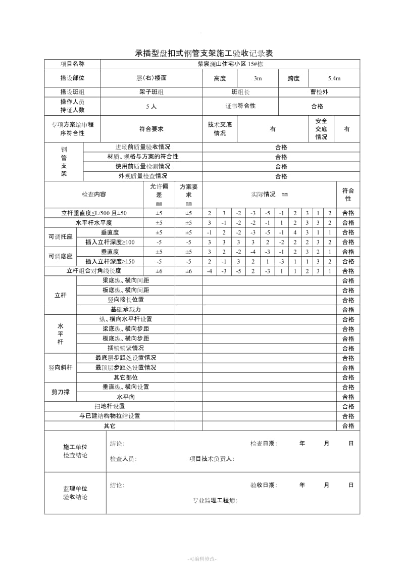 承插型盘扣式钢管支架施工验收记录表格(新)精品.doc_第1页