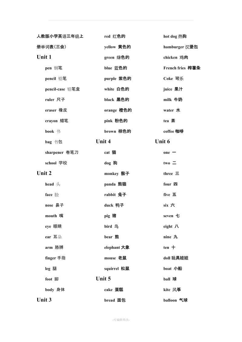 人教版小学英语三年级上册单词表[新].doc_第1页