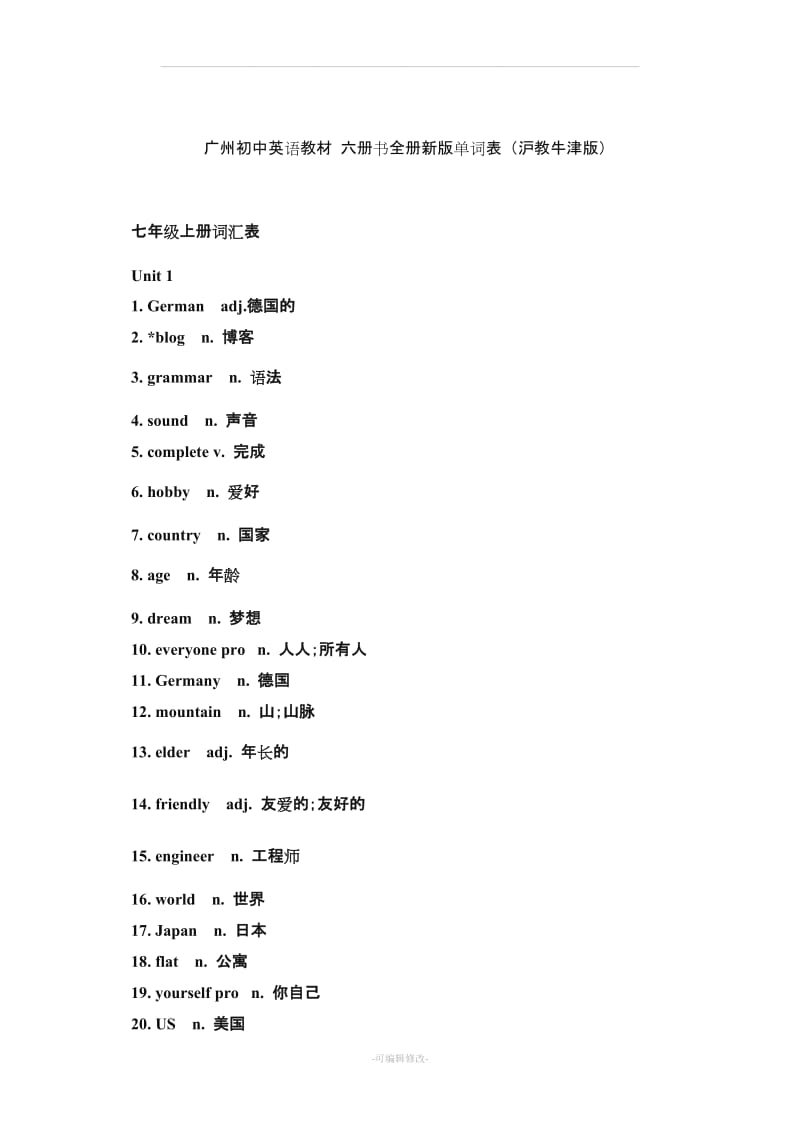 广州初中英语教材 沪教牛津版 全册单词.doc_第1页