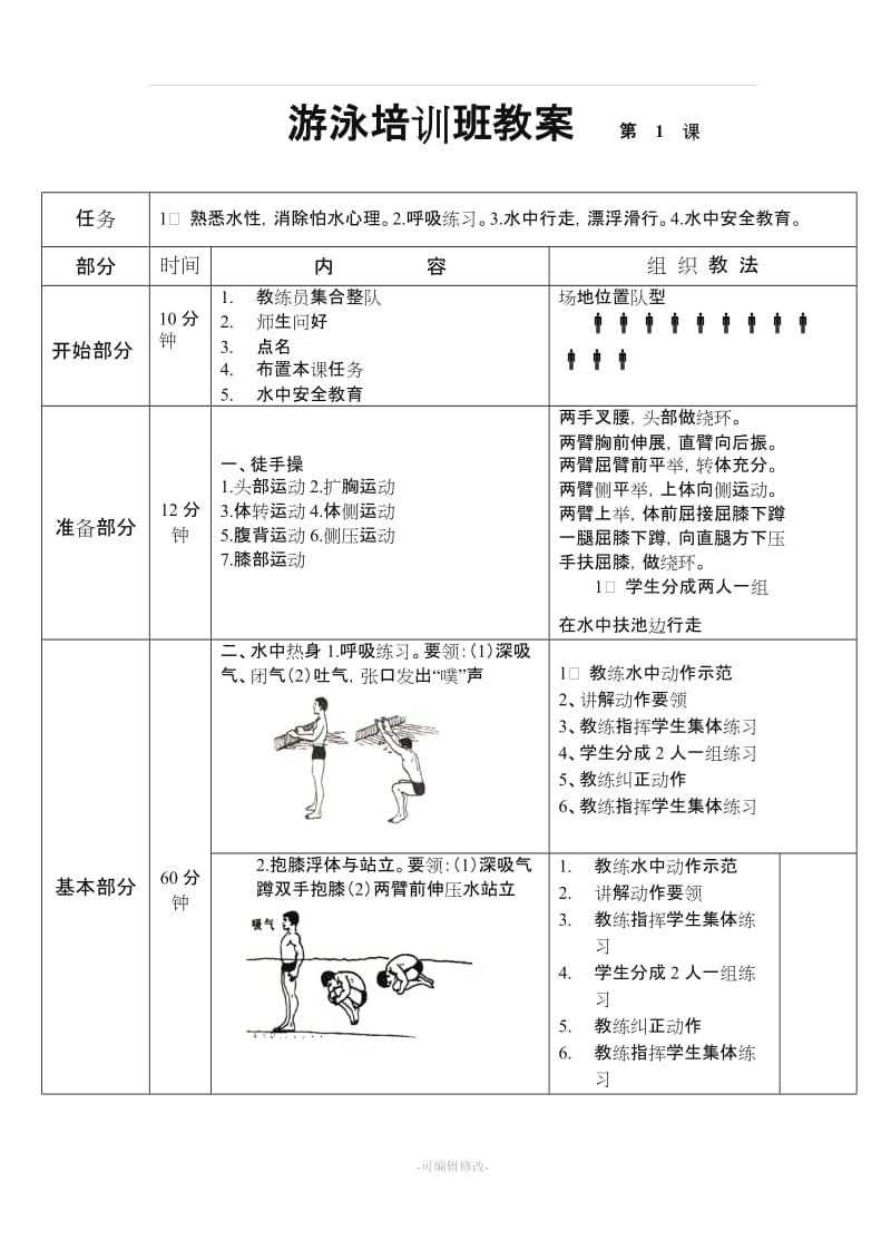 俱乐部游泳培训中心游泳培训班教案.doc_第1页