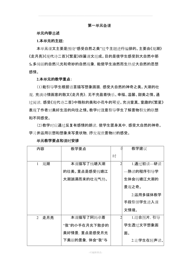 2019秋季部编版小学语文四年级年级上册全册单元备课(集体备课)集体单元备课 单元教材简析.doc_第1页