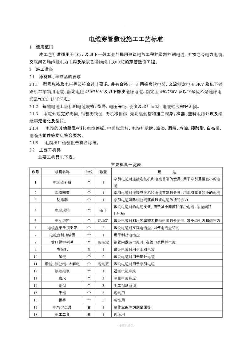 电缆穿管敷设施工工艺标准.doc_第1页