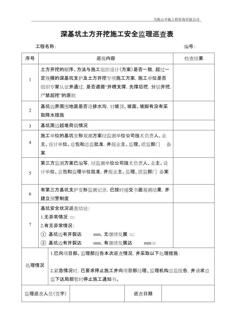 深基坑土方开挖施工安全监理巡查表.doc_第1页