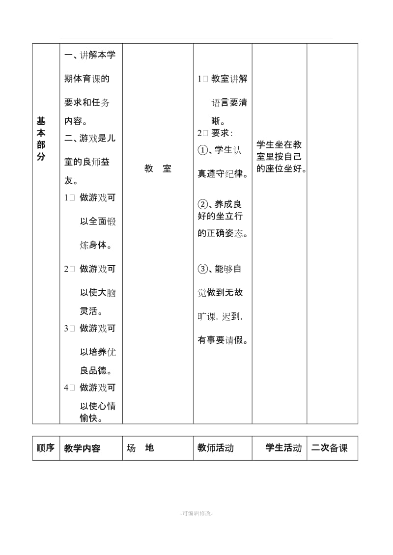 小学四年级上册体育教案表格式.doc_第2页