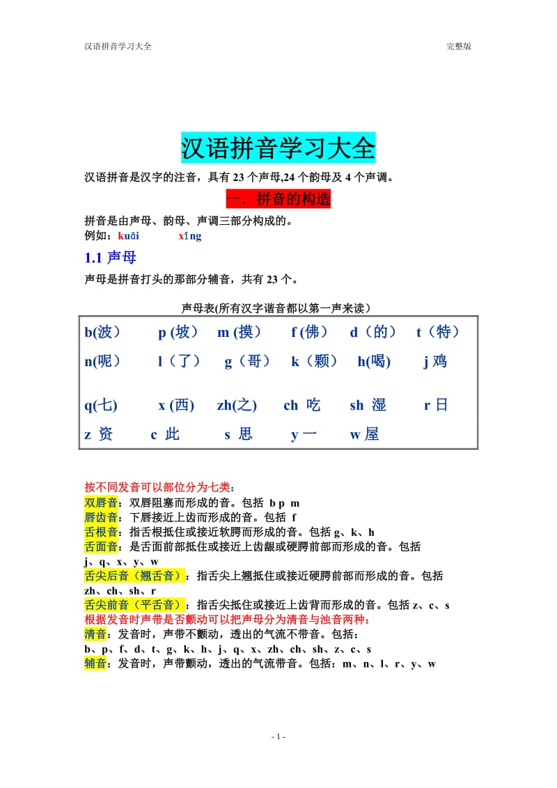 汉语拼音学习大全 完整版.doc_第1页