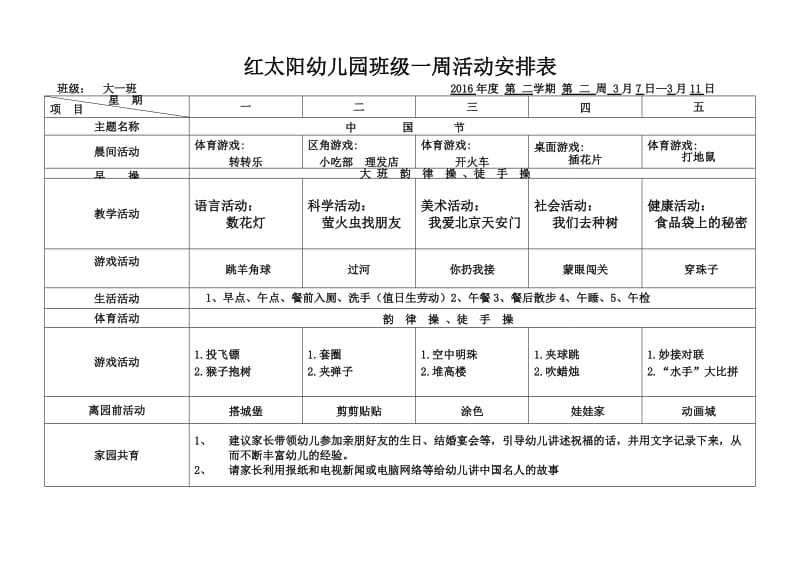 红太阳幼儿园班级一周活动安排表.doc_第2页