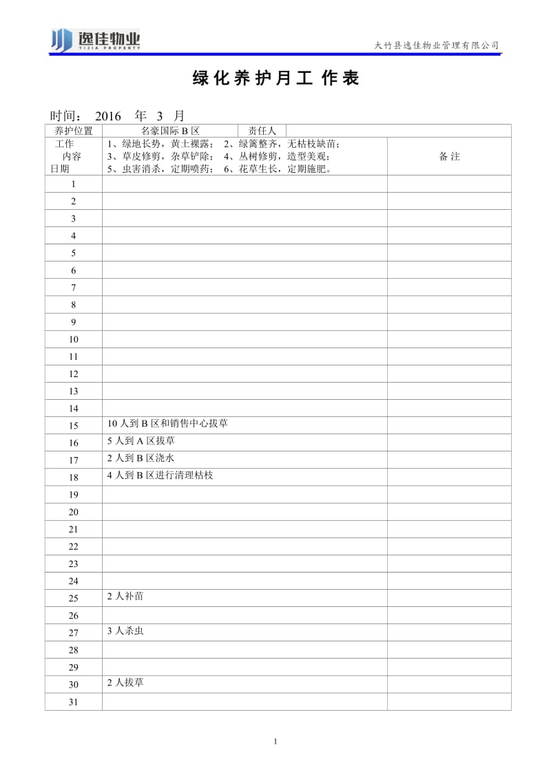 绿化养护工作表.doc_第1页