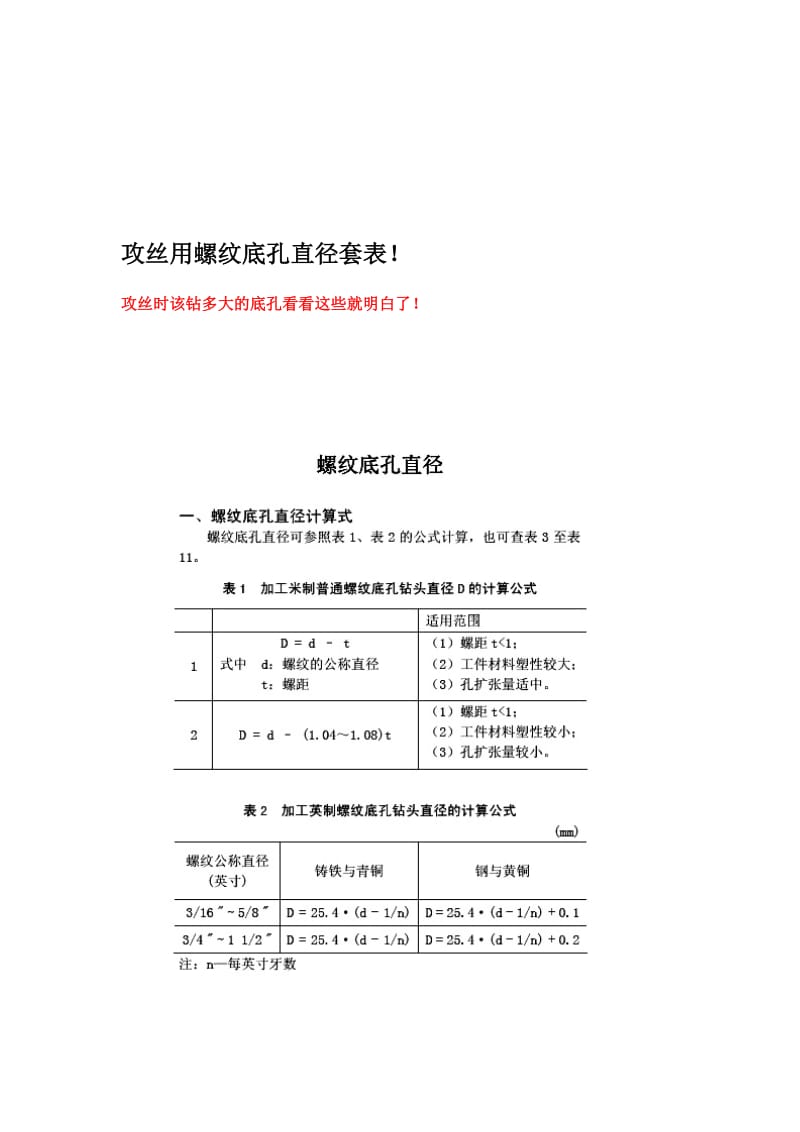 攻丝用螺纹底孔直径套表.doc_第1页