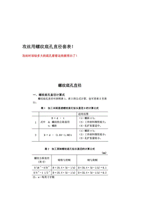 攻絲用螺紋底孔直徑套表.doc